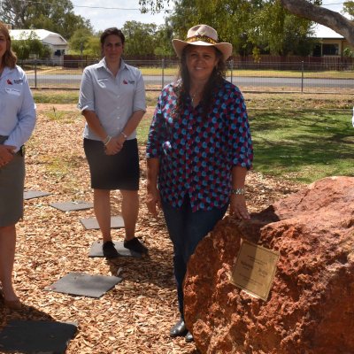 From left: SQRH Interprofessional Practice Co-ordinator Toni Murray, administration officer Jane White, Bidjara Elder Keelen Mailman and SQRH Director Associate Professor Geoff Argus  in the outdoor education area and yarning circle. SQRH image.